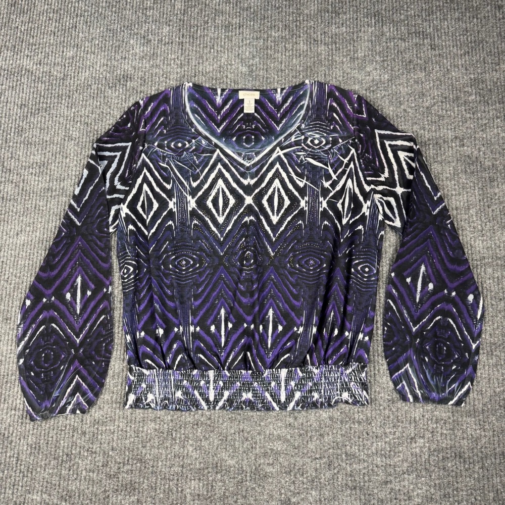 Vtg Y2K Chicos Top Womens 1/M Purple Abstract Geometric Sheer Sleeves Whimsigoth